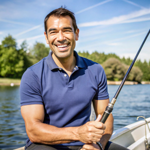 Giovanni van Bronckhorst is fishing. He looks at the camera and laughs. He is wearing a navy blue polo shirt