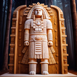 A monumental sculpture of an ancient Mayan noble. Located at the archaeological site in Palenque, Chiapas. Intricately carved limestone with elaborate attire and accessories. Dark, forested background.