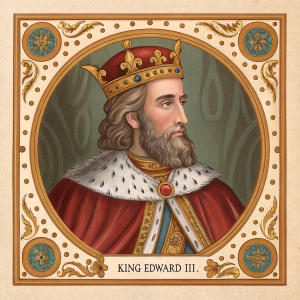 A majestic painting of King Edward III. He wears a golden crown and royal robes. Intricate border and text label beneath.