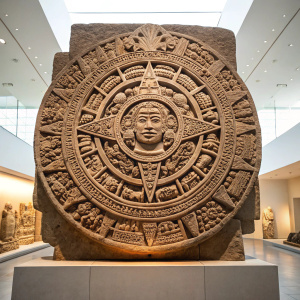 An intricate Aztec stone carving displayed in a museum. The central figure and detailed carvings are highlighted against a bright, white background.