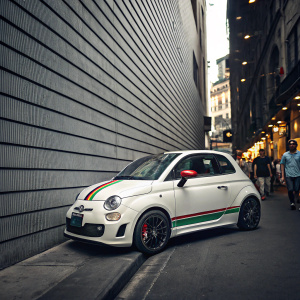 A sleek, white Fiat 500, with vibrant green and red racing stripes, parked in a bustling urban alley. The corrugated gray wall provides a gritty contrast to the car's stylish design.