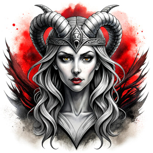 Nordic Godness Snotra - perfect realistic art, high-definition grey and black, white background tattoo design