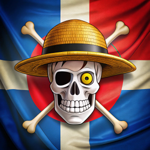 Calavera con el sombrero de luffy  frente a la Bandera de la República Dominicana 