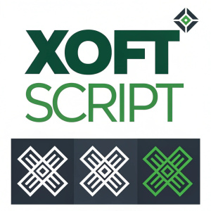 Multiple logo designs for Xoft Script. The green 'Xoft Script' text appears in various fonts and sizes. The logos feature intersecting shapes that add visual interest. Each logo is set against either a white or black background.