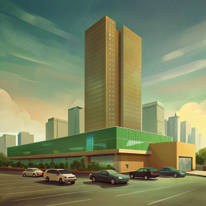 An artist's impression of a shopping center with a green building, tall brown and white skyscrapers in the background, and cars parked in the parking lot.