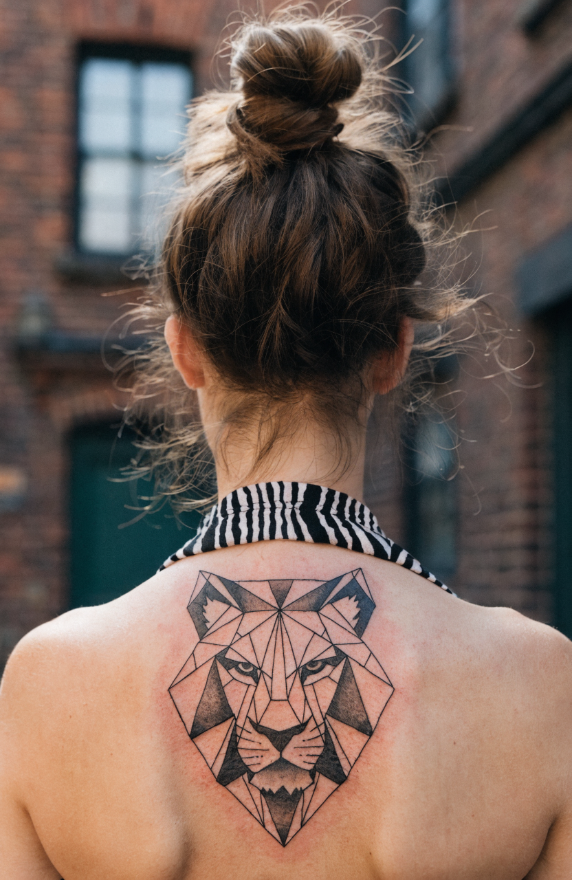 Black geometric lion head tattoo centered on a woman's upper back with sharp polygonal lines and bold outlines