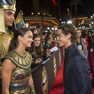 Courtney Eaton and Brenton Thwaites amidst a vibrant crowd at the Gods of Egypt premiere. Each person dressed in ornate, traditional Egyptian costumes. Red carpet event.