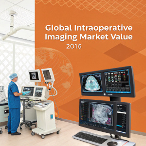 Infographic showcasing the global intraoperative imaging market value for 2016. Various medical equipment screens display market values and growth rates. Abstract medical-themed background.