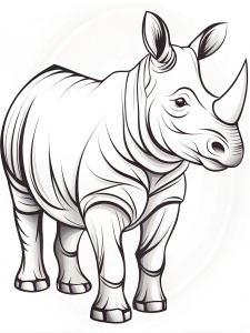 a black and white cartoonish outline image of a rhino, side view, black ink on white background, without shading, no color, minimalistic