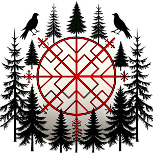 Yggdrasil vegvisir runes  geometric Symbols - raven and trees - perfect realistic art, high-definition, high-definition grey and black, white background 