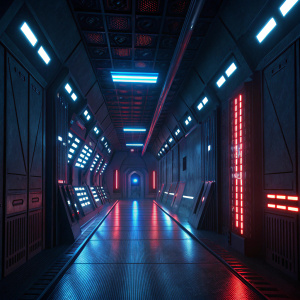 A 3D digital rendering of a Star Wars scene. Dark corridor with glowing blue and red lights.