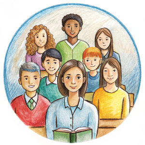 An Icon representing a English class with a lot teenagers (equal disparity of genders). Add more students



