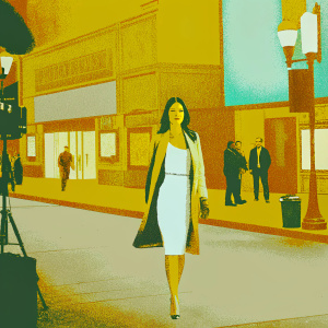 Olga Kurylenko, in a sleek white dress with a fitted jacket, poses confidently on a bustling city street at night. Surrounded by dimly lit storefronts, colorful billboards, and flashing camera lights. People milling about in the background.