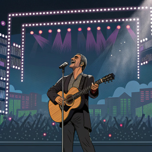 Alejandro Fernandez on the main stage at a virtual concert. Pixelated digital backdrop.