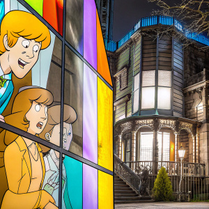 Concept art for Scooby-Doo. Detailed panels showcasing Mystery Inc. in suspenseful situations