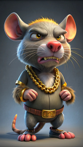 Vector illustration, cute rat, gold chain, angry, watching at camera, cartoon