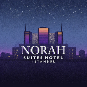 Luxury hotel logo featuring a modern skyline. Vibrant colors and metallic details. Norah Suites Hotel Istanbul. Sleek and sophisticated design.