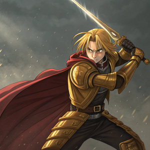 Edward Elric, from Fullmetal Alchemist, in action pose, with golden armor and intense look. Dark, digital art background