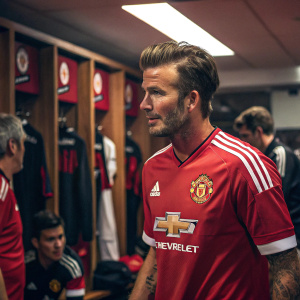 David Beckham, in a Manchester United jersey, standing in the locker room. Surrounded by teammates, focused expression.