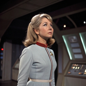 Teri Garr as Roberta Lincoln from Star Trek: The Original Series, standing alone on a set. Wearing a vintage 1960s costume. Darkly lit, futuristic decor in background.