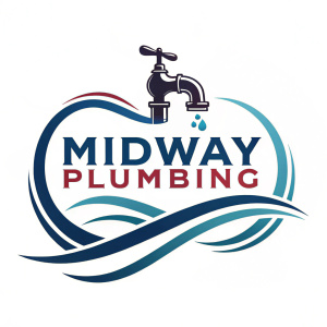 Midway Plumbing's logo features a striking design with a central pipe element and flowing lines. The bold text 'MIDWAY PLUMBING' dominates the visual, symbolizing expertise and reliability in plumbing services.
