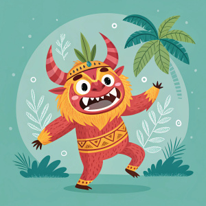 Digital illustration of a mythical Filipino creature, Tikbalang. Vibrant colors, simple flat design. Character has a comical expression and dynamic stance. Teal backdrop