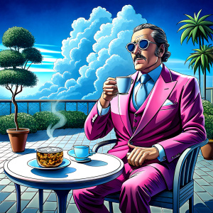 don carleone in sunglasses and a pink suit sits in the backyard at a round table and drinks tea 