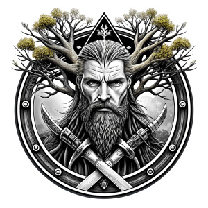 Wikinger mit zwei Gesichtern baum yggdrasil – and weapons high-definition design grey and black, realistic tattoo design, white background