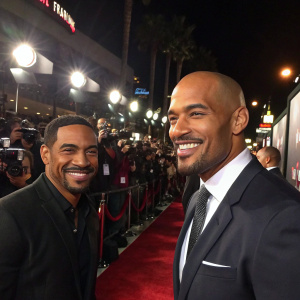Laz Alonso and Boris Kodjoe at a movie premiere. Red carpet event with numerous photographers capturing the moment.