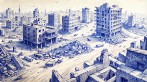 Soldiers are running through the streets of a destroyed city, medium plan