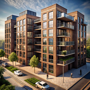 An artist's rendering of a large apartment complex with glass and brick exterior, located along a street with cars and pedestrians.