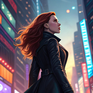 Scarlett Johansson, portraying Black Widow, with flowing auburn hair and a sleek black coat. Vibrant, colorful cityscape background.