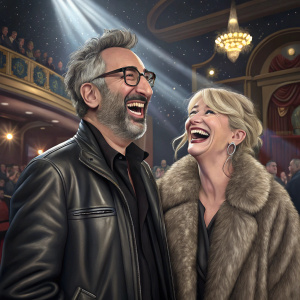 David Baddiel and Morwenna Banks laughing together at the Comedy Awards. David in a black leather jacket, Morwenna in a fur coat. Background: award ceremony