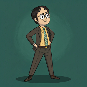 Dwight Schrute from 'The Office,' animated character. Dark hair, glasses, green background.