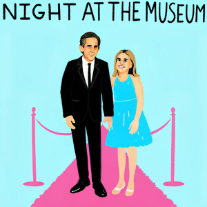 Ben Stiller and Ella Olivia Stiller at the Night at the Museum premiere. He's in a black suit, she's in a blue dress. Smiling, happy. Red carpet event with 'Night at the Museum' logo