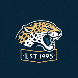 Stylized jaguar logo for Jacksonville Jaguars. Dark blue background with jaguar's head in black and white spotted pattern, EST 1995 text