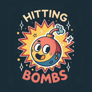 Logo design for 'Hitting Bombs'. Illustration features a cartoon bomb with explosion effects. Bright colors against dark background. Digital flat design.