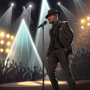 Ne-Yo, wearing a black suit, performs on stage at the Grammy Awards, surrounded by spotlights and a cheering crowd.