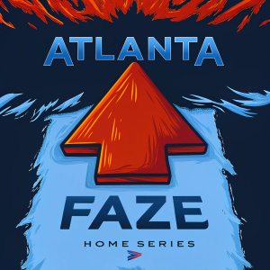 Event poster for Atlanta FaZe Home Series. Vibrant red arrow pointing to the center. Bold text and logos in contrasting black and gray hues.