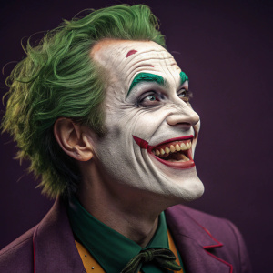 Close-up of the Joker, from the Batman series. Green hair, white face paint, and a wide grin. Dark purple background.