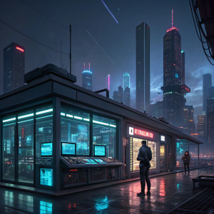 A detailed concept art of Tony Stark's lab in a futuristic cityscape. Nighttime scene with glowing neon lights.