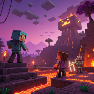 Minecraft Nether Update launch event, featuring dynamic visuals and pixelated characters in an adventurous setting.