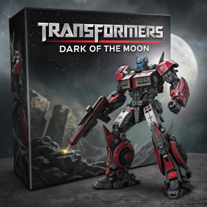 Transformers Dark of the Moon toy. Detailed box art featuring Autobot. Black, grey and red color scheme. Large Transformers logo at the top