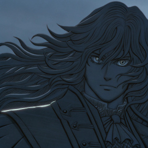 Detailed illustration of Alucard, featuring dramatic pose and expressive face. Complex line work and gradient shading highlight flowing hair and intense stare. Set against blank backdrop.