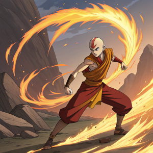 Avatar Aang, standing amidst swirling fire, demonstrating his earthbending skills. Anime style, bold lines and vivid colors