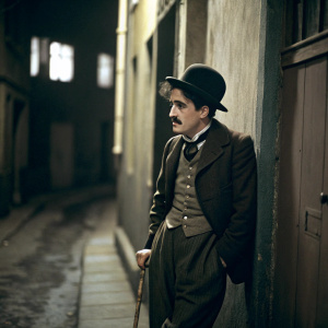 Charlie Chaplin in a candid photograph. Wearing iconic bowler hat and mustache. Dapper suit with cane in hand. Shot in a dimly lit alleyway.