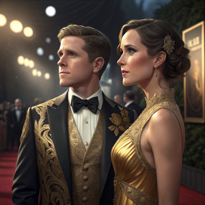 Allen Leech and Charlie Webster at the Golden Globe Awards. Dressed in formal attire with intricate gold details. Gazing towards the camera