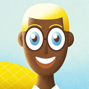 Cartoony Tom Cruise, big smile, blue eyes, short blonde hair. Simple background