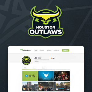Screenshot of the Houston Outlaws' Twitter page. Overwatch League team logo featuring a bull-like emblem. Dark background with bright text and social media icons