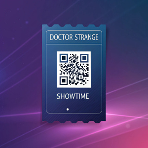 Digital movie ticket for 'Doctor Strange'. QR code, showtime, and seat number displayed.